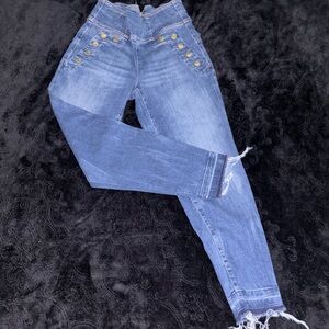 Guess Dark Wash Skinny High Rise Jeans (Back Zipper + Gold Button Decor)